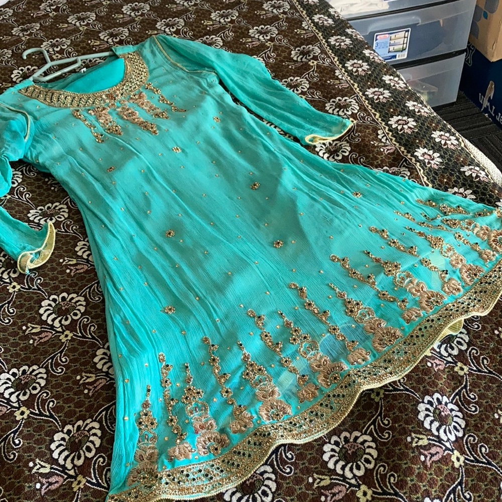 Turquoise Embellished Women's Dress with Gold Accents